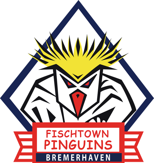 Logo Fischtown Pinguins - Eine stilisierte Zeichnung eines Krallenpinguin mit gelben Kopffedern und rotem Schnabel. Er schaut kampfbereit.